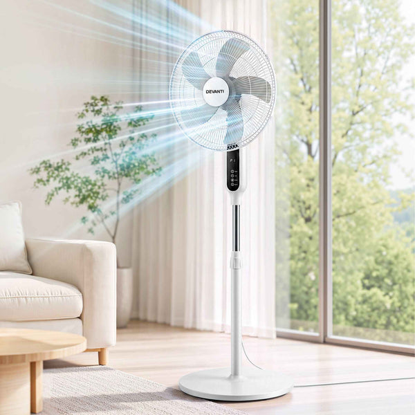 DEVANTI 16" Pedestal Fan with Remote 3 Speeds 8H Timer (White)