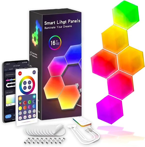 6 Pack Hexagon LED Wall Lights, Smart RGB Honeycomb Lights with APP & Voice Control, Music Sync Modular LED Panels