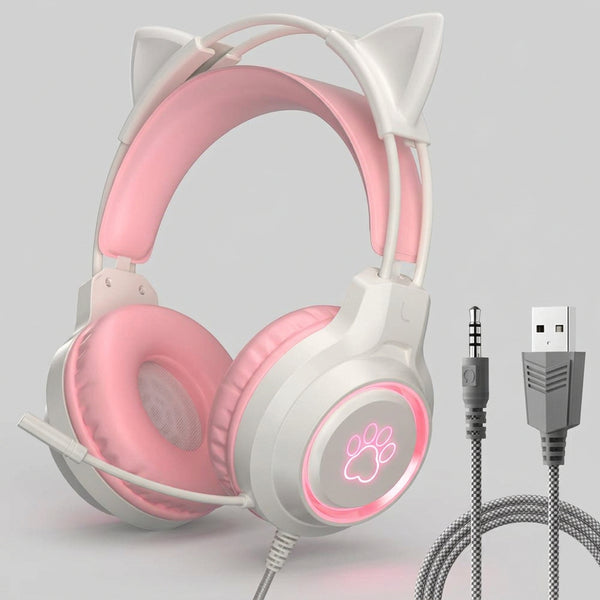 Cat Ear RGB Wired Gaming Headset with Microphone (Pink)