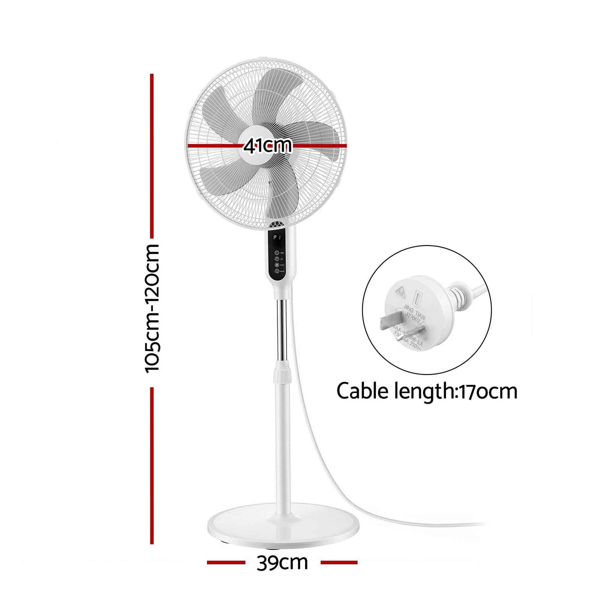 DEVANTI 16" Pedestal Fan with Remote 3 Speeds 8H Timer (White)