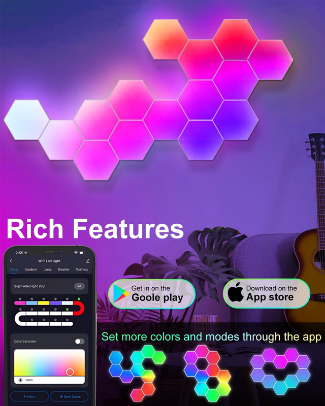 6 Pack Hexagon LED Wall Lights, Smart RGB Honeycomb Lights with APP & Voice Control, Music Sync Modular LED Panels