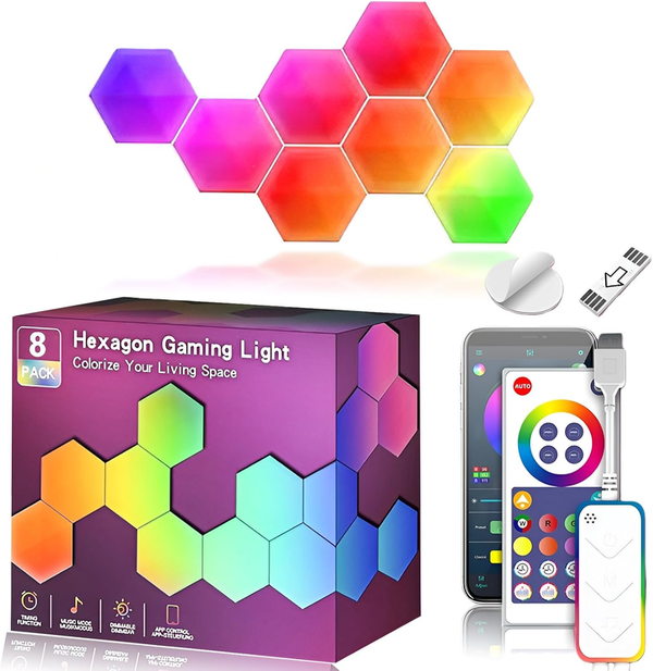 8 Pack Hexagon LED Wall Lights, Smart RGB Honeycomb Lights with APP & Voice Control, Music Sync Modular LED Panels