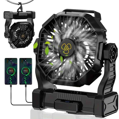 2-in-1 Portable Fan & Light, Quiet & Cool for Outdoor Use  black