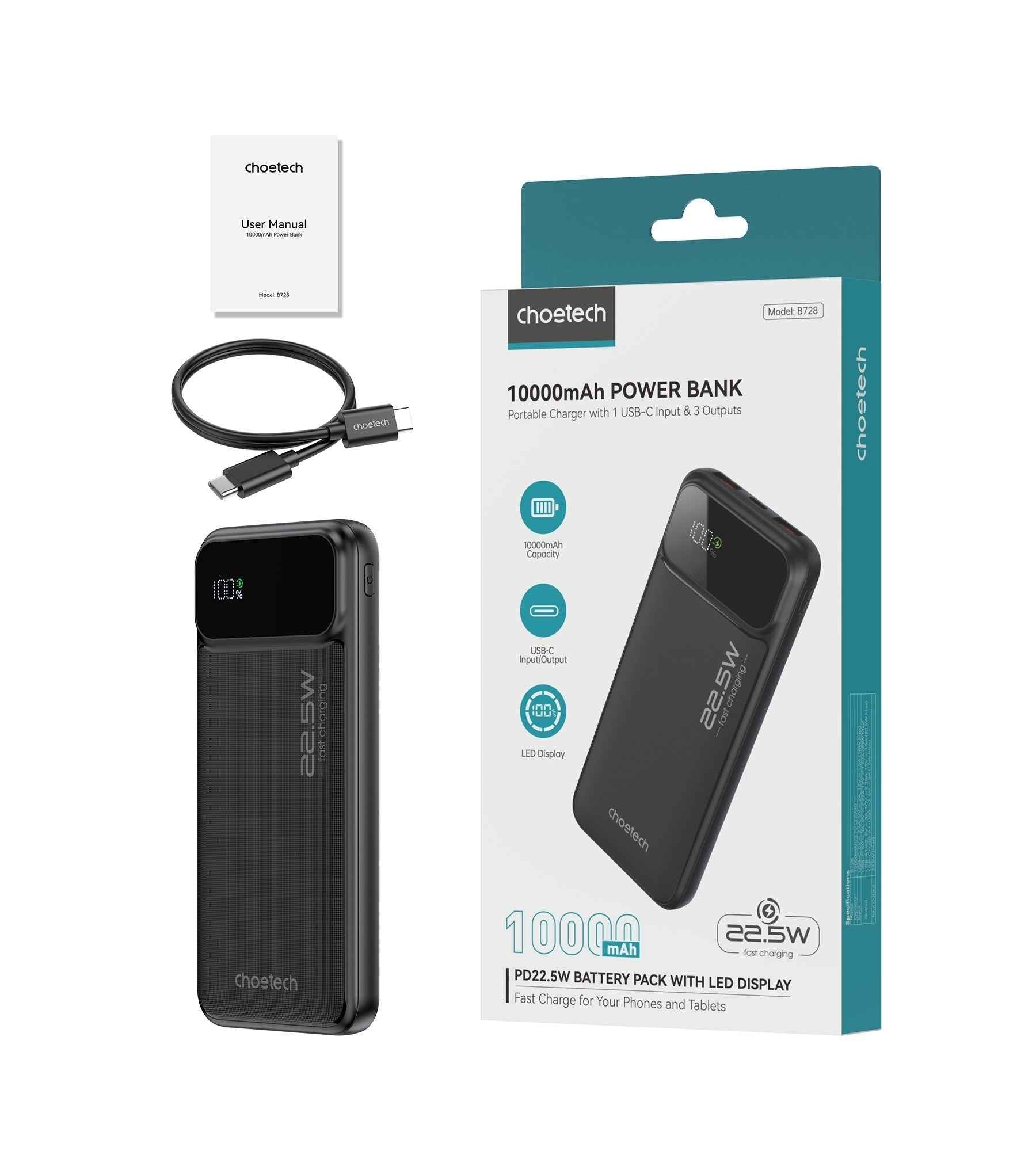CHOETECH B728 10000mAh Power Bank PD 22.5W Digital Display