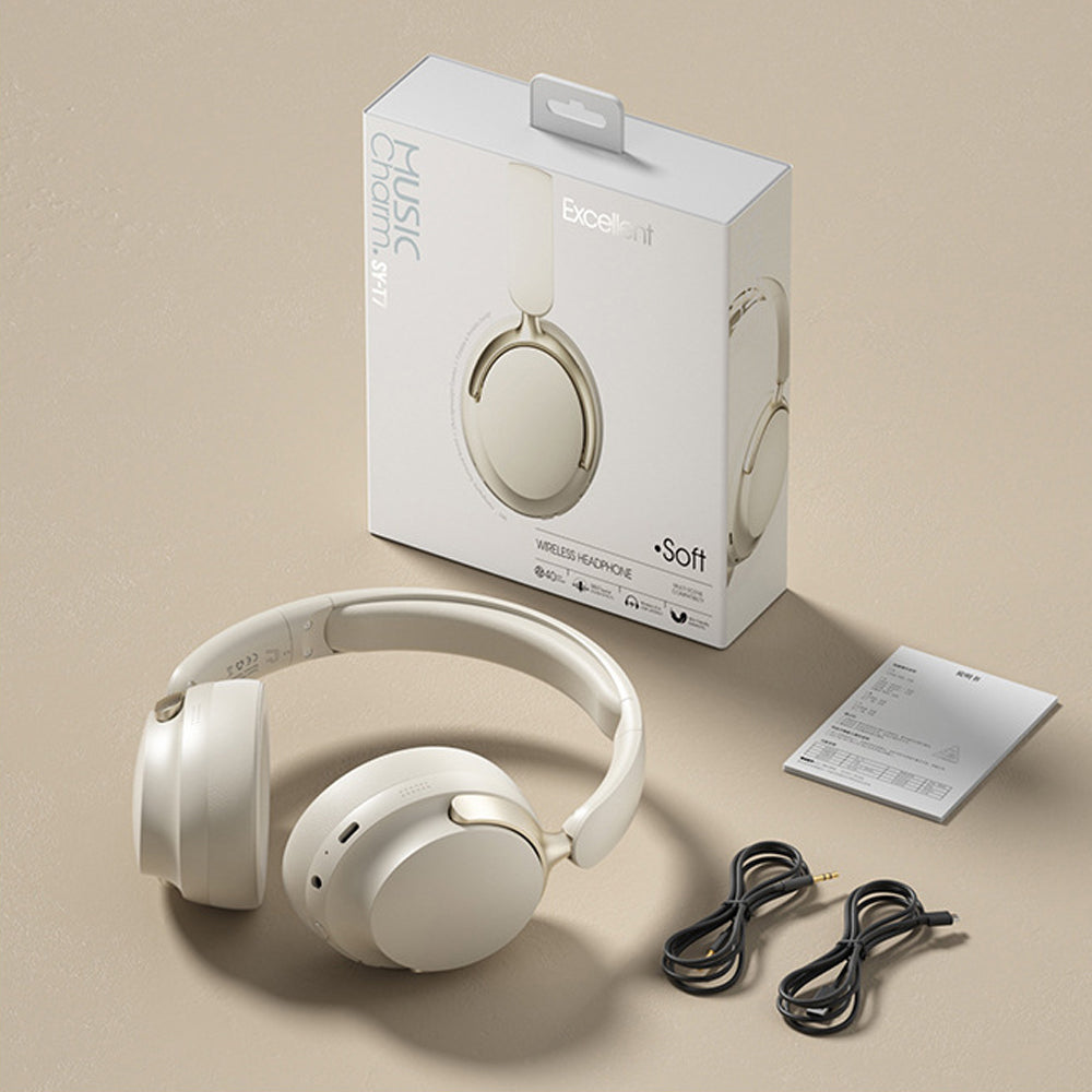Bluetooth Over-Ear Headphones - Active Noise Cancelling Mic & Hi-Fi Stereo (Beige)