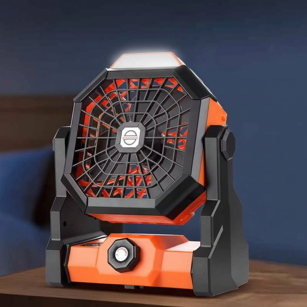 Black and orange Portable Outdoor Camping Fan with LED Light - Rechargeable USB Tent Fan for Australia