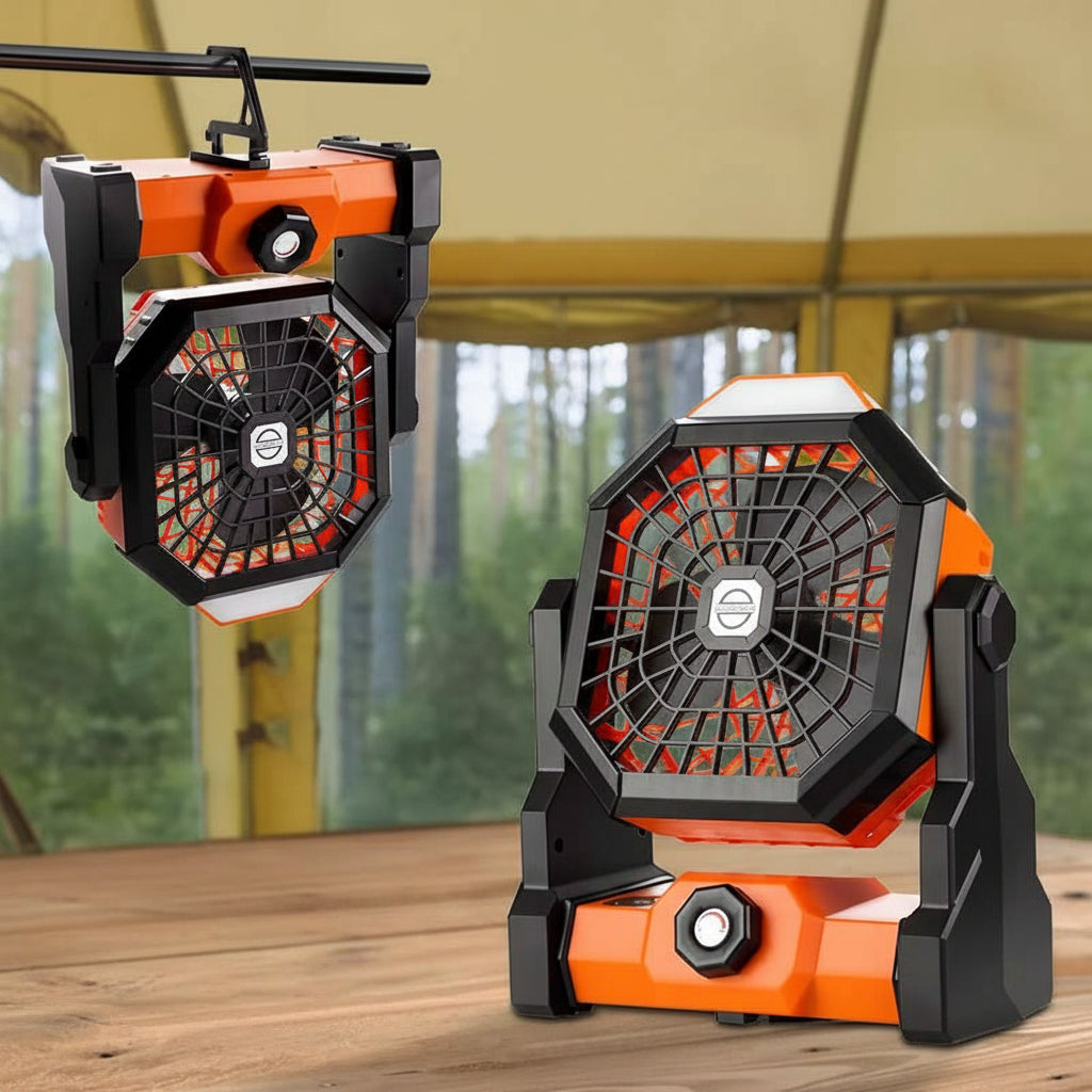 Black and orange Portable Outdoor Camping Fan with LED Light - Rechargeable USB Tent Fan for Australia